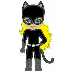 Looks Like Girl Cat Woman Superhero Wearing a Cape Applique Machine Embroidery Design Digitized Pattern